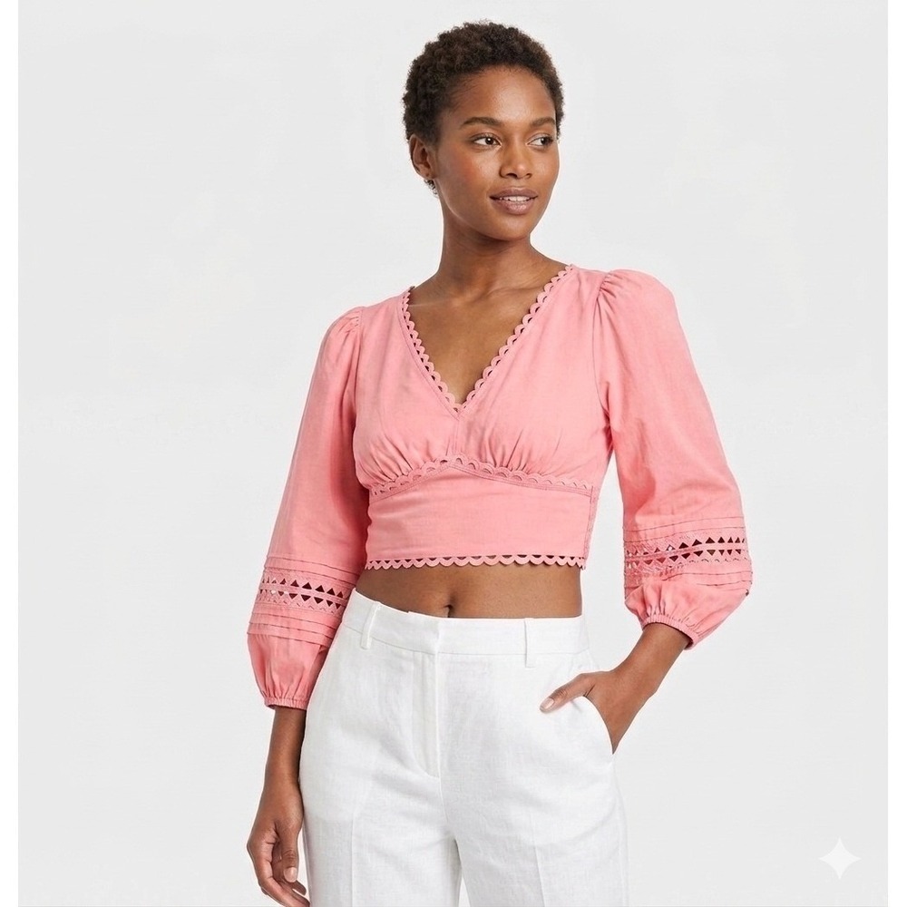 A New Day Rosie Pink Scalloped Eyelet boho crop Top Long Puff Sleeve V-Neck M